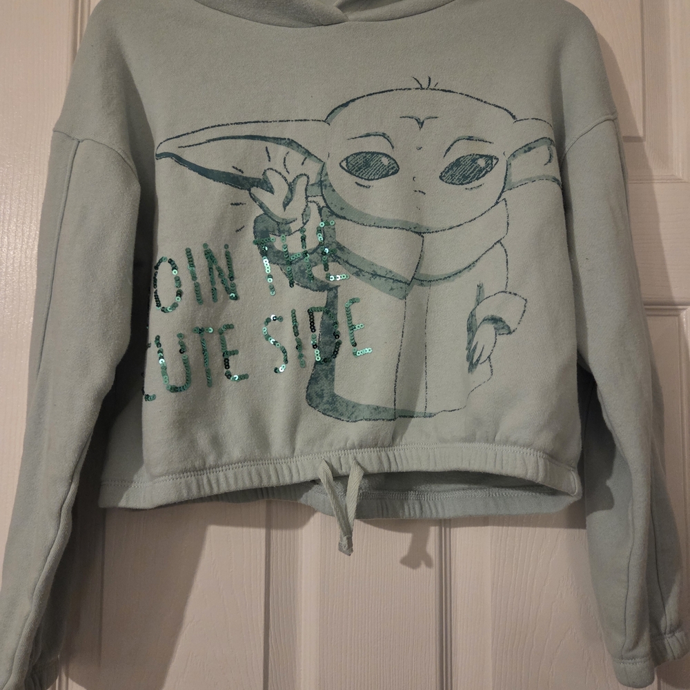 Grogu Baby Yoda Crop Hoodie XL 14/16 Mint Green Star Wars Sequin Girls